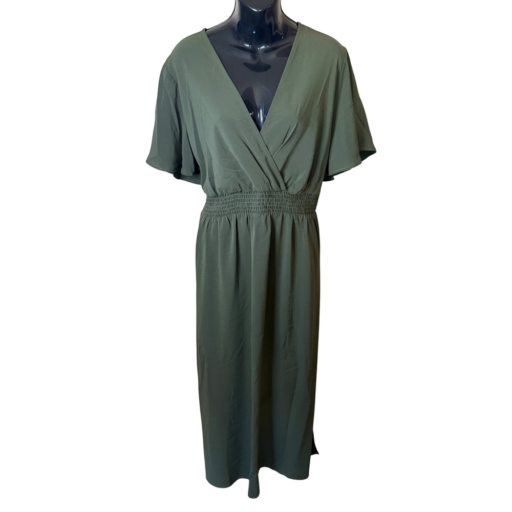 SHEIN Curve Women 2XL Olive Green V Neck Smocked Waist Flutter Sleeve Maxi Dress